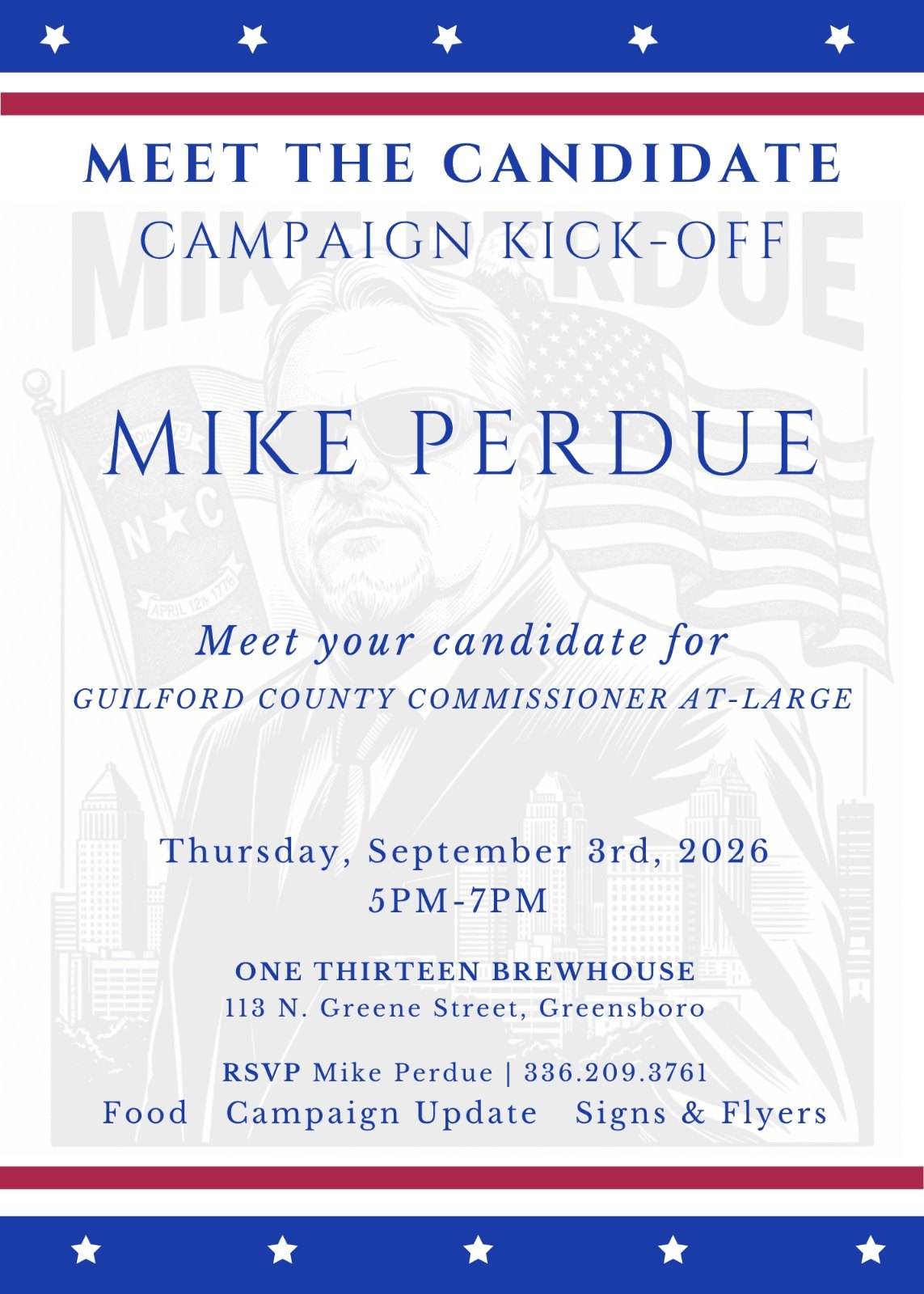 Flyer for the Mike Perdue Meet the Candidate campaign kick-off on September 3, 2026.