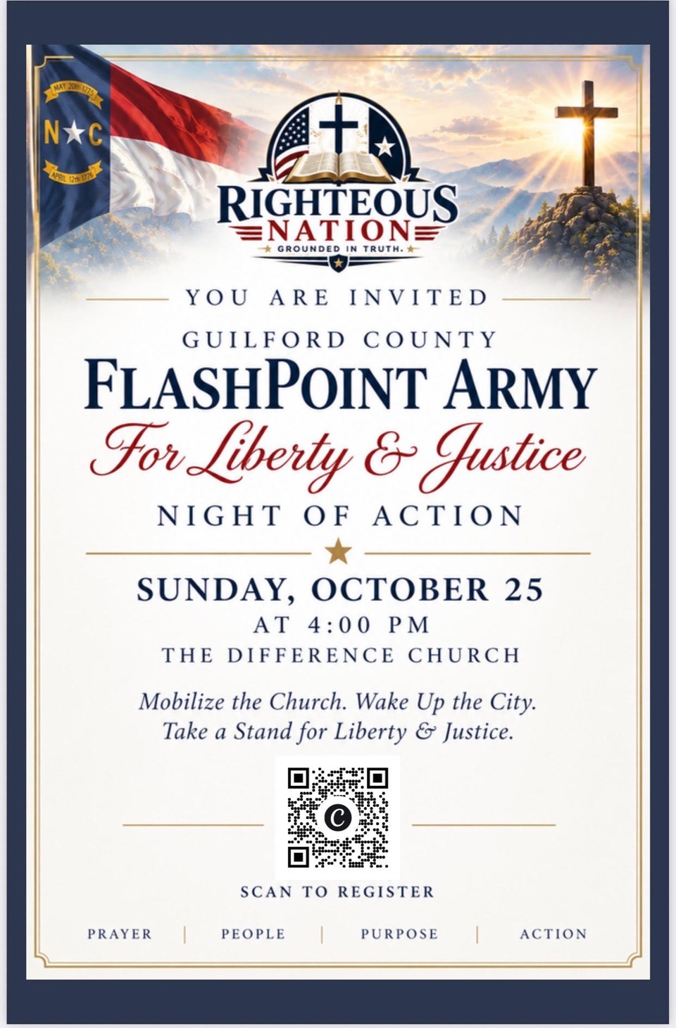Flyer for the Guilford County Flashpoint Army For Liberty & Justice Night of Action on Sunday, October 25, 2026, at The Difference Church in Greensboro.