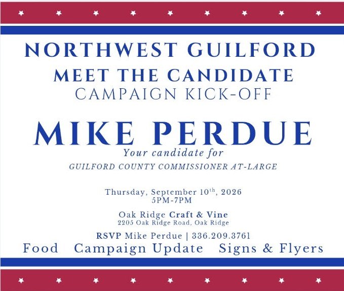 Flyer for the Northwest Guilford Meet the Candidate campaign kick-off with Mike Perdue on September 10, 2026.