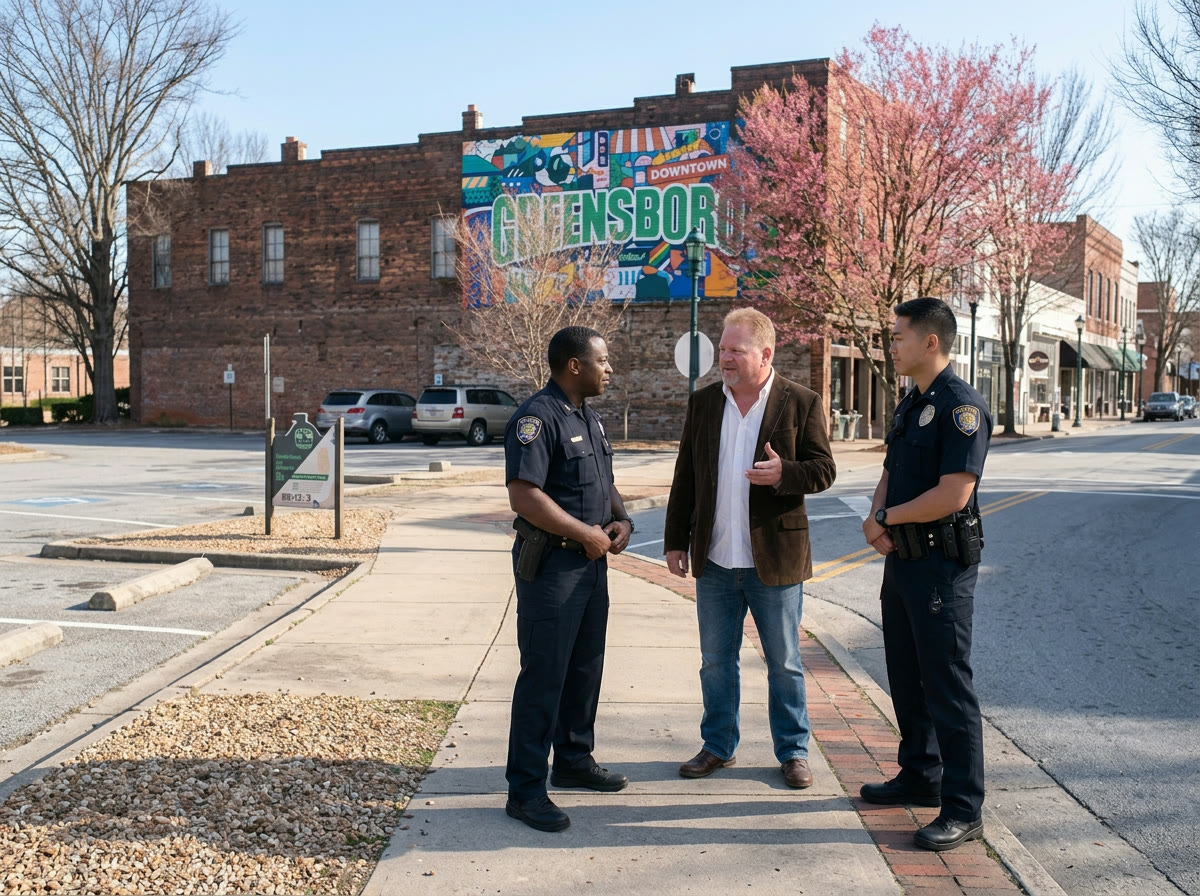 Mike Perdue speaking with two police officers on a sidewalk in downtown Greensboro.