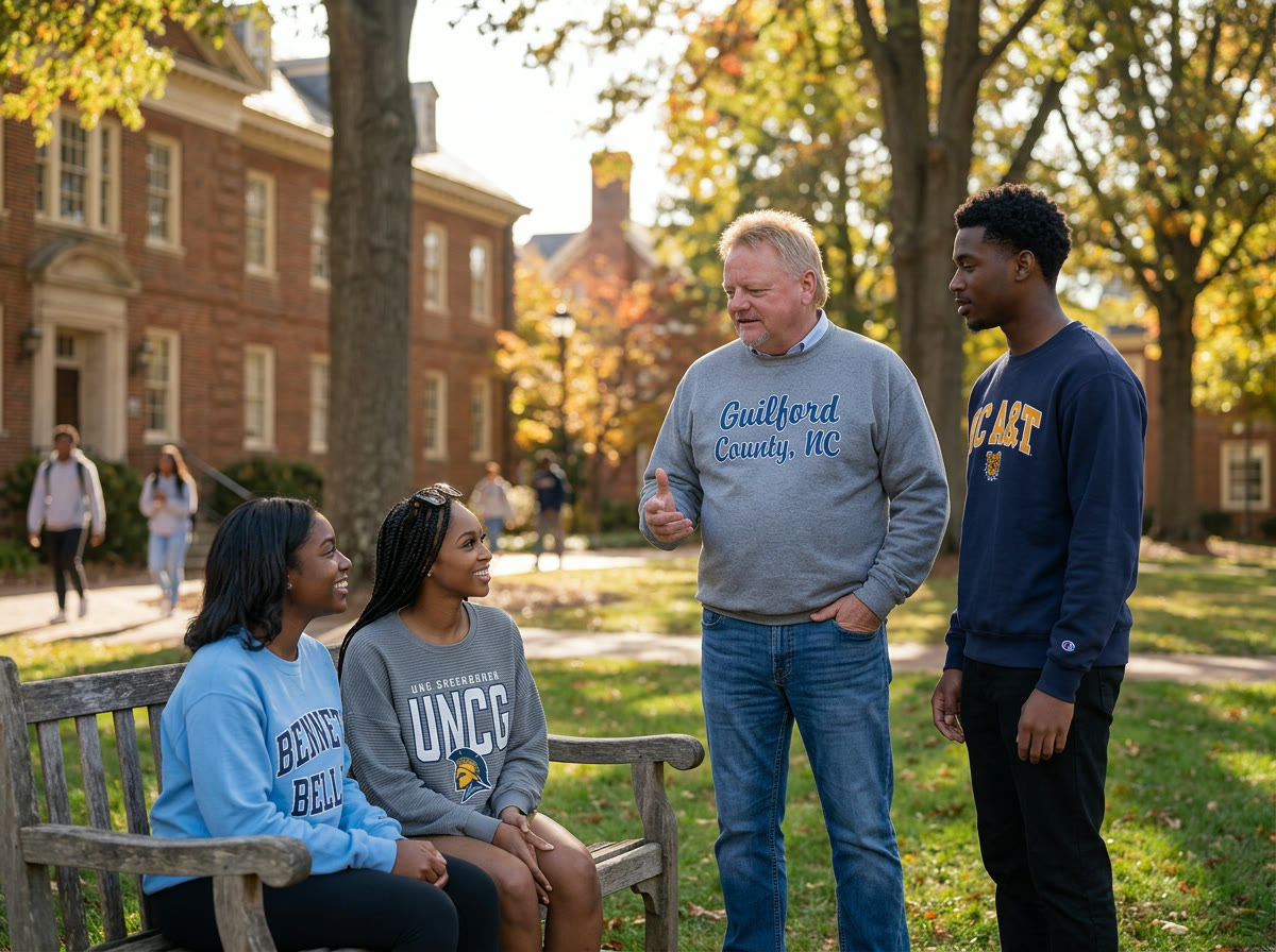 Mike Perdue speaking with students outdoors on a college campus.