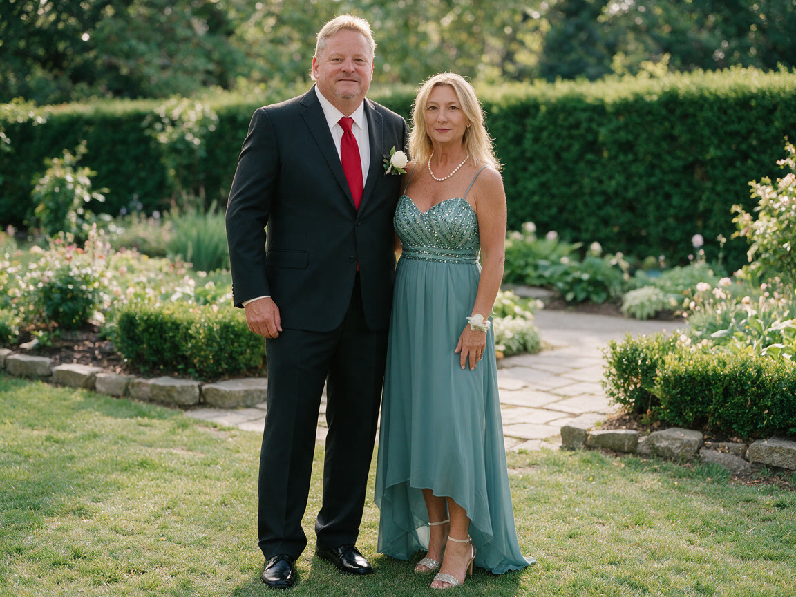 Mike Perdue and his wife standing together in a garden.