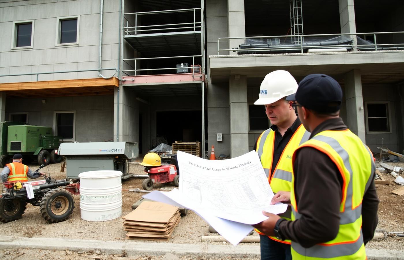 Workers reviewing plans at a construction project representing oversight of public spending.