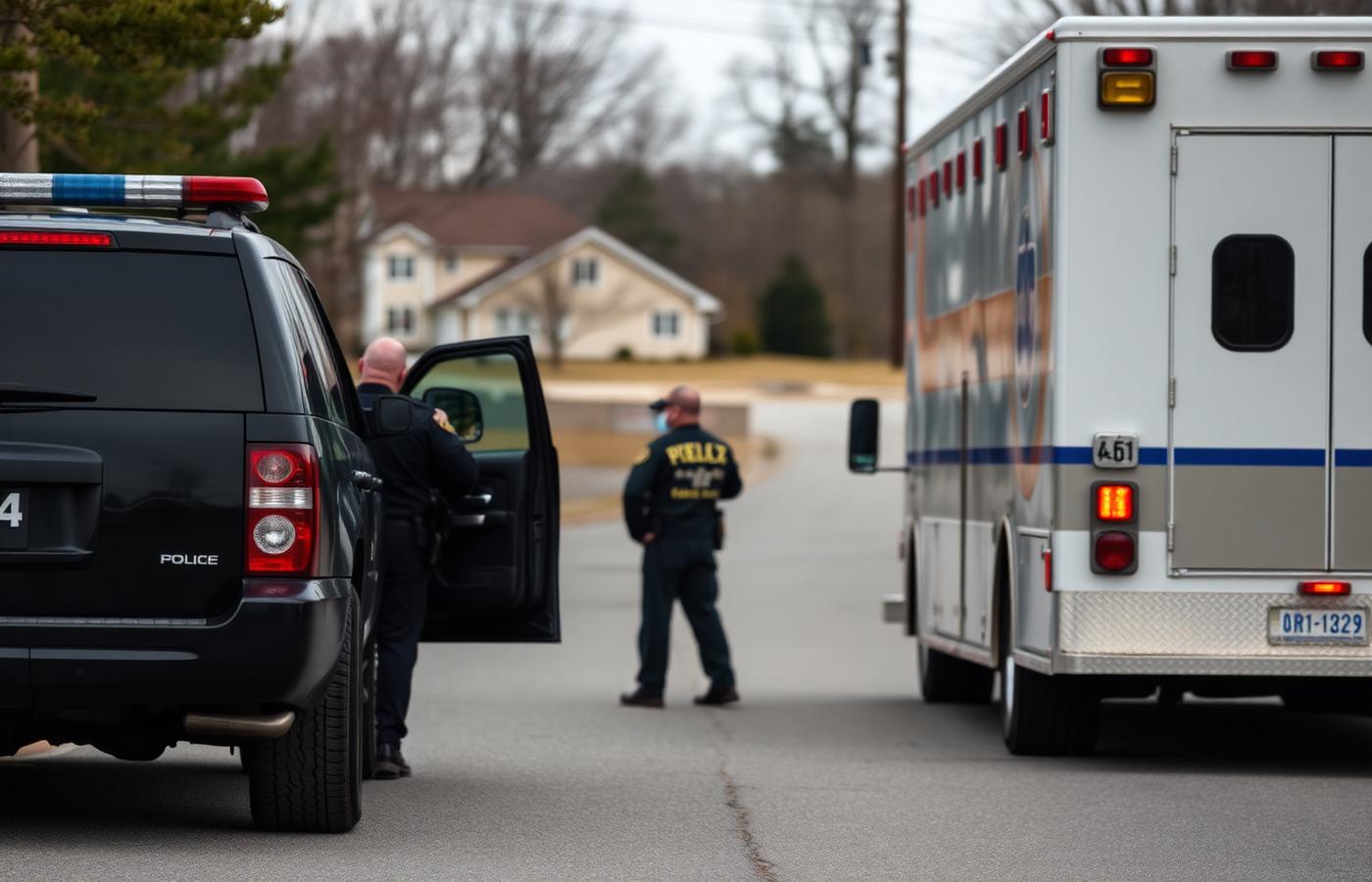 Public safety and emergency response vehicles serving a residential neighborhood.