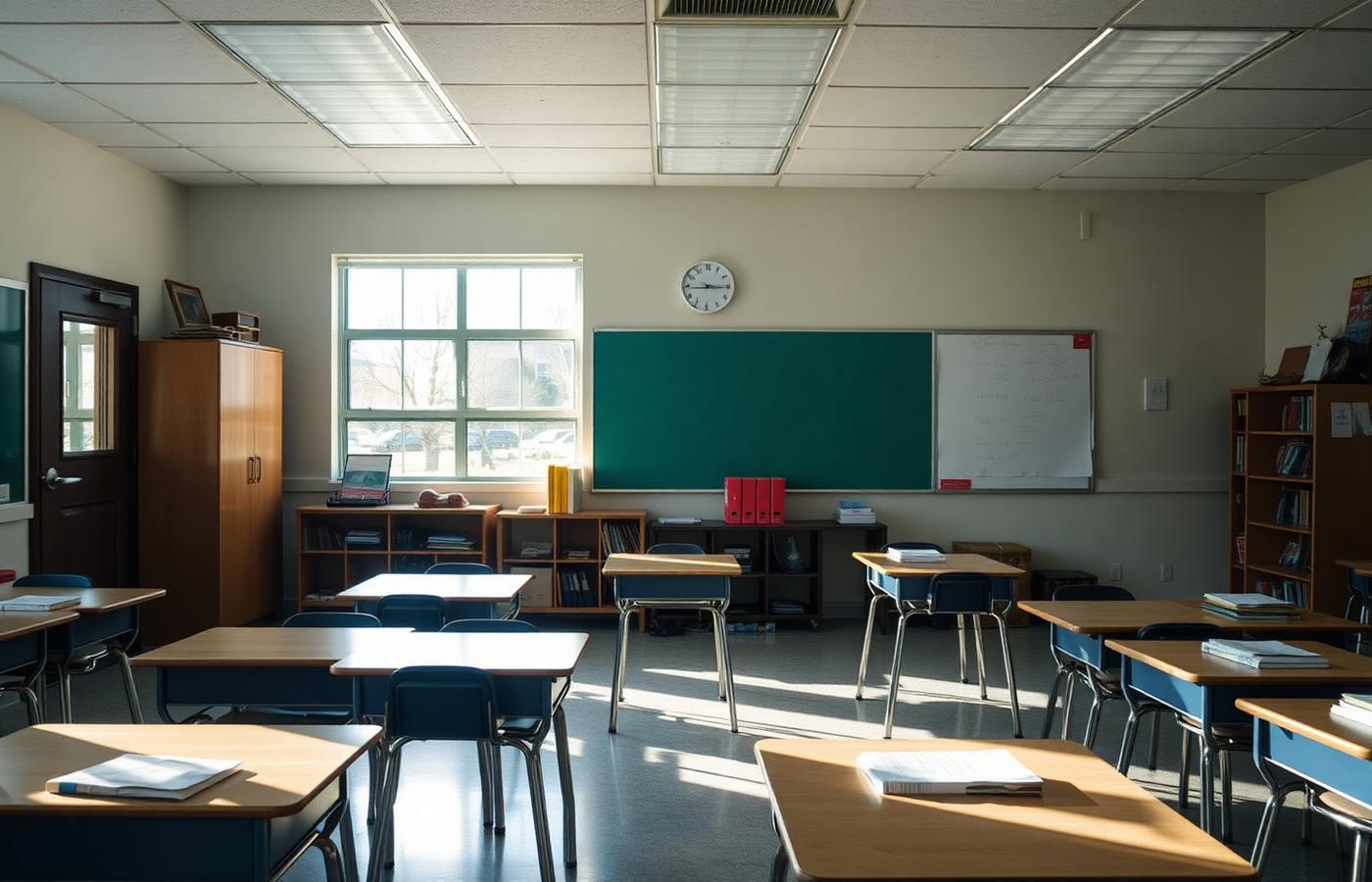 A prepared public school classroom representing students, teachers, and learning.